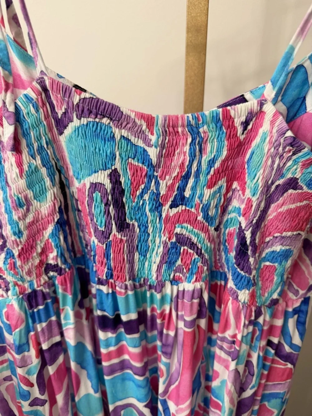 Kenny Flowers Pink Blue Purple Abstract Smocked Dress - Picture 3 of 8